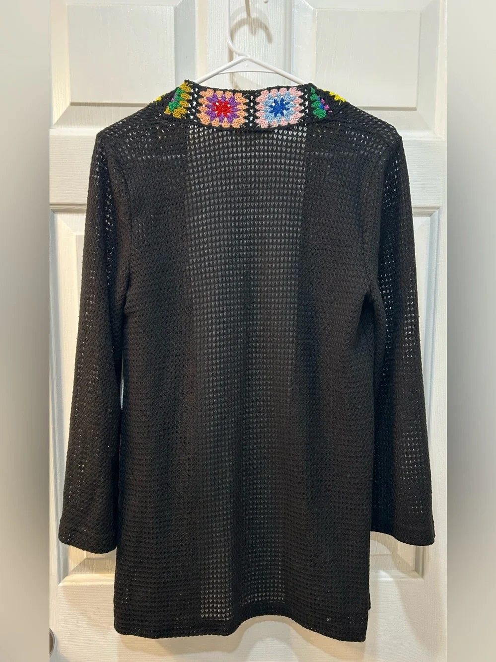 Rebellion‎ Again Rainbow Crochet Trim Black Cardigan Sweater Sz S Granny Square